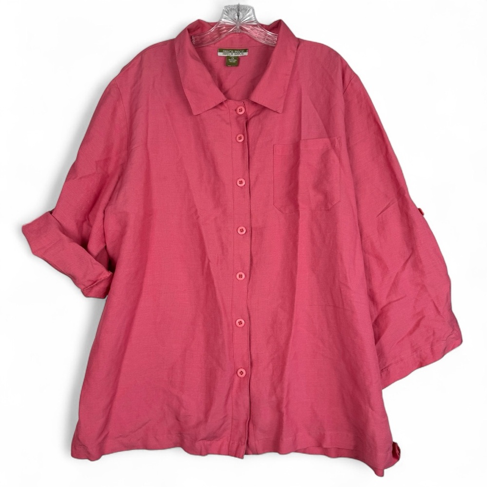 Mirror Image Linen Blend Button Down Top Womens Plus Sz 2X, 3/4 Roll Tab Sleeve